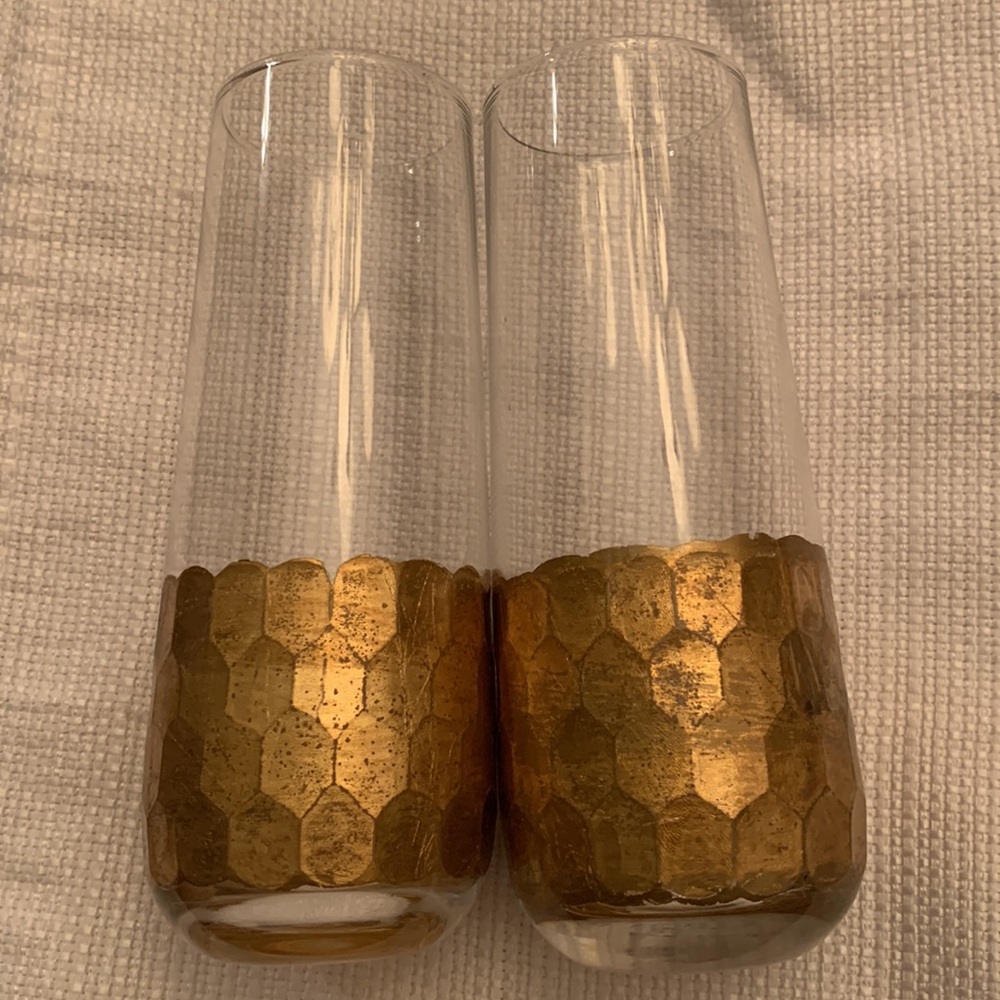 West Elm Champagne Glass Flutes Hammered Gold Leaf 2 Stemless Zodax Vittorio 6”